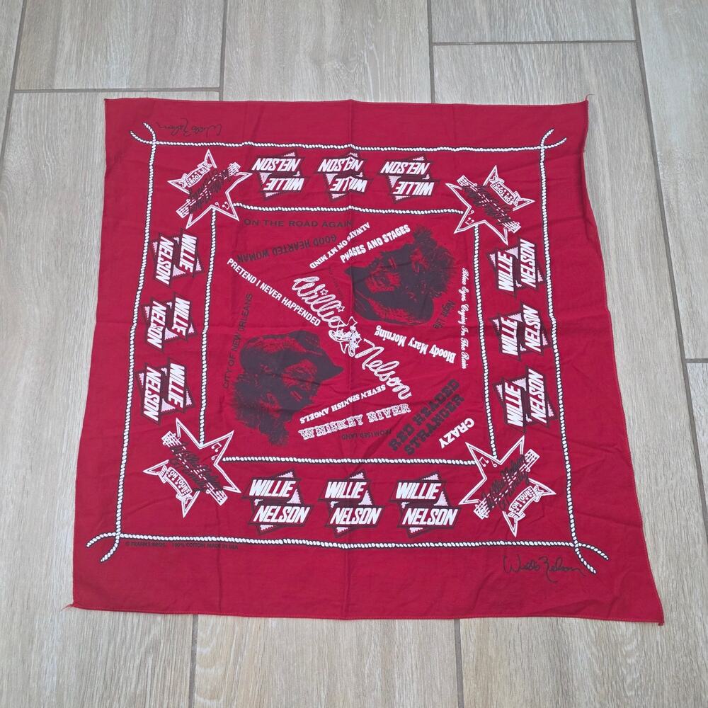 Vintage Willie Nelson Bandana Red Franks Bros Made USA Country Music 20x20